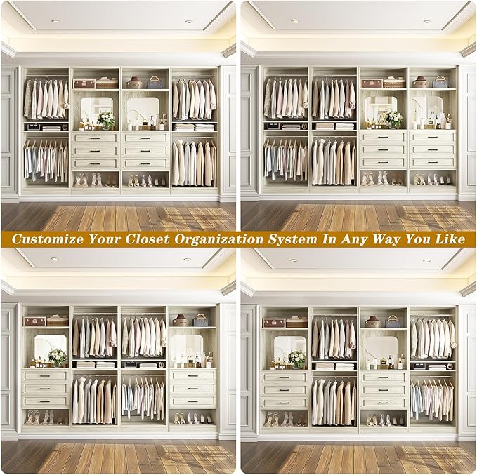 Unikito Closet System with Drawers, 100” Wood Closet Organizer with Hanging Rods and Mirror, Large Walk in Wardrobe Garment Rack with Adjustable Shelves, Freestanding Closet Tower, White Oak