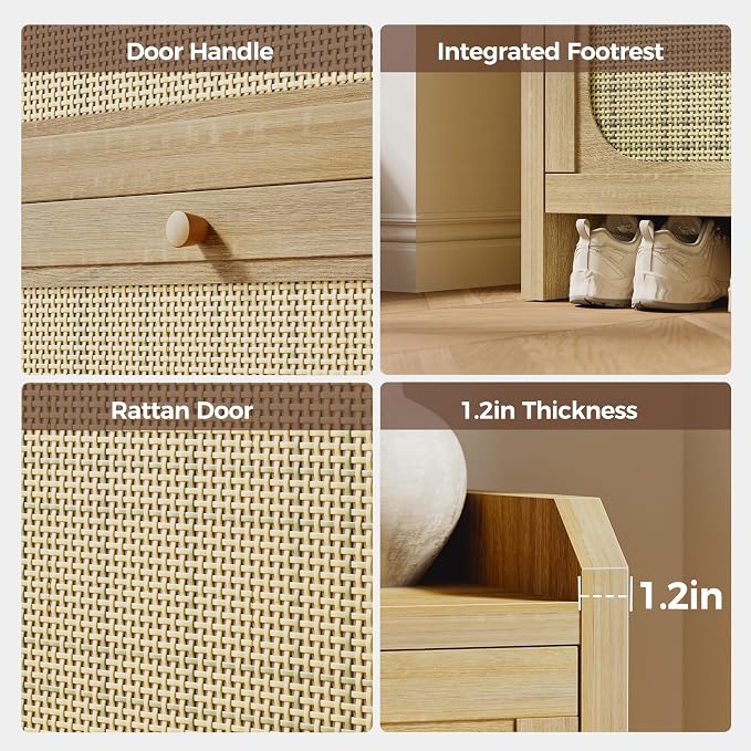 Mericonia Shoe Cabinet Storage for Entryway with 2 Flip Drawers(3-Tier), Rattan Freestanding with Door & 3 Adjustable Shelve,Hidden Shoe Rack Organizer for Hallway, Foyer
