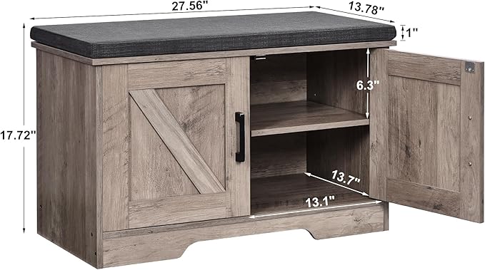 HOMSHO Farmhouse Shoe Storage Bench with 2 Barn Doors & Padded Seat Cushion | 27.6" Wide Entryway Bench with Adjustable Shelves & Hidden Storage, Greige