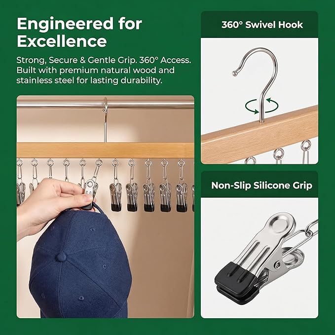 Closet Organizer with 12 Clips, 2 Pack Closet Space Savers for Hanging Clothes, Wooden Pants and Leggings Hangers with 360° Rotating Hook, Space-Saving Hat Scarf Clothespins, Natural Wood Color