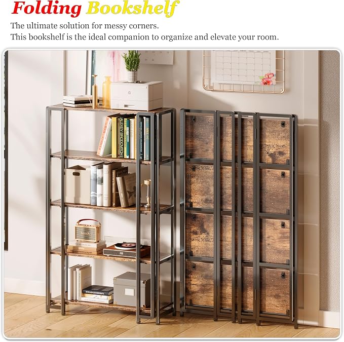 UDD 5 Tier Wide Folding Bookshelf No Tools Assembly, 45" H x 30.9" W, Foldable Book Shelf Vintage Collapsible Bookcase, Industrial Storage Shelves for Bedroom Office Living Room, Rustic Brown Black
