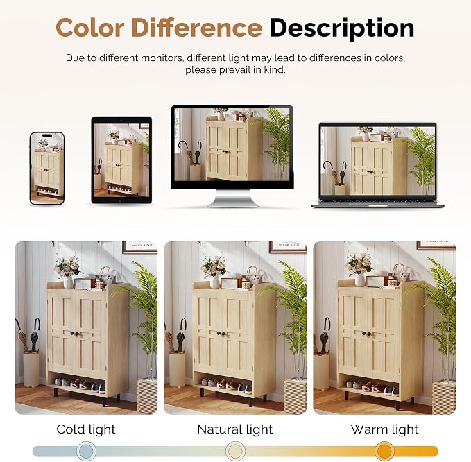 Farmhouse Shoe Cabinet with Doors, 6-Tier Wooden Shoe Organizer with Adjustable Shelves, Entryway Storage Cabinet, Rustic Shoe Storage for Entryway or Living Room (Nature)