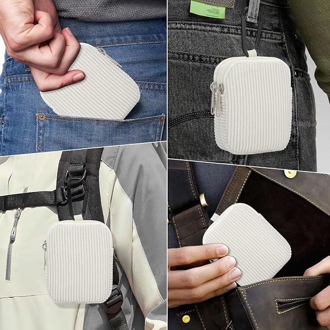 E-Tree Coin Purse with Carabiner Clip, Dual Layer Card Case Holder, Mini Pouch for AirPod Earphone Keychain USB Cable,Wallet, Small Accessories Organizer Bag for Women and Men (White Corduroy)