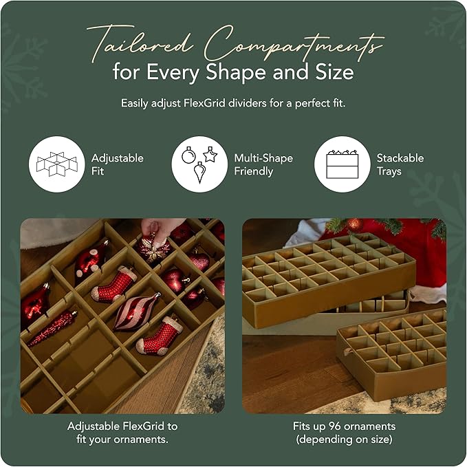 Covermates Keepsakes Adjustable Ornament Storage Box – Heavy-Duty Polyester, Padded Dividers & FlexGrid Trays – Protective Holiday Organizer with Stackable Walls & Label Window, Red