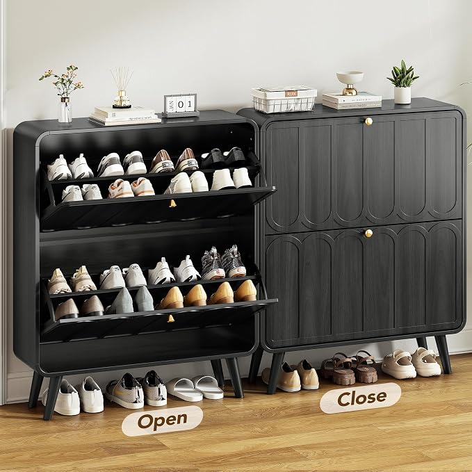 Decofy Shoe Cabinet with 2 Flip Drawers, Expanded Panel for Long Footwear, Freestanding Shoe Storage Cabinet with 3-Gear Adjustable Shelves, Narrow Shoe Cabinets for Entryway, Solid Wood Legs, Dark