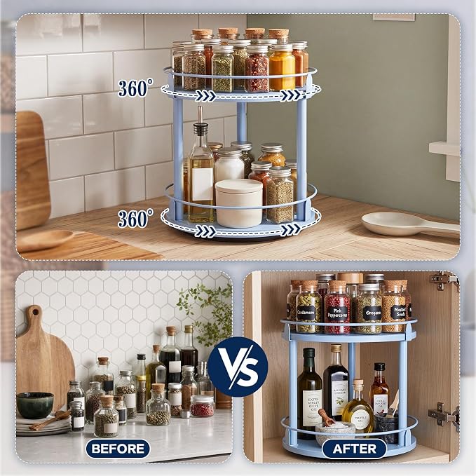 Light Blue Lazy Susan Organizer 2 Tier, Spice Rack Lazy Susan Organizer for Cabinet 10 Inch Rotating Spice Holder for Kitchen Countertop Pantry Dining Table Coffee Bar Storage