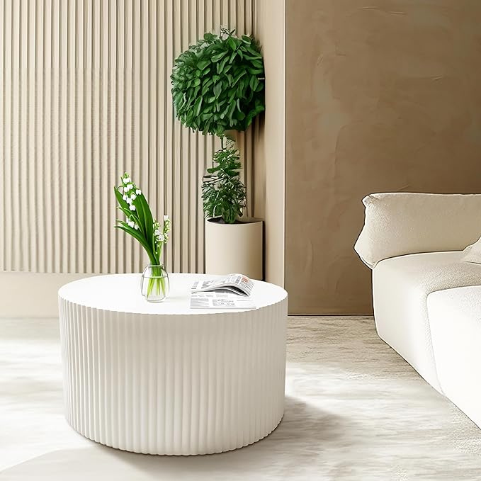 Nesting Coffee Table Set of 2, Modern Drum Side End Wave Stripe Round Coffee Table for Living Room, Bedroom, Beige