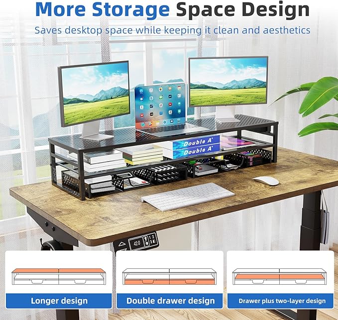 Simple Trending 2-Tier Metal Dual Monitor Stand with USB & 2 Drawers, Black | 32"W x 10"D x 7"H. USB 2.0 + charging port. 2 drawers. Mesh cooling vents. Holds 100 lbs. Non-slip base. Cable ties included.