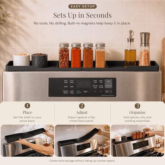 TEO Silicone Magnetic Stove Top Shelf, Over the Stove Spice Rack, Black | 30 Inch, Over Oven Shelf, Built-in Magnets, Heat-Resistant, Dishwasher Safe, Kitchen Spice Storage Organizer