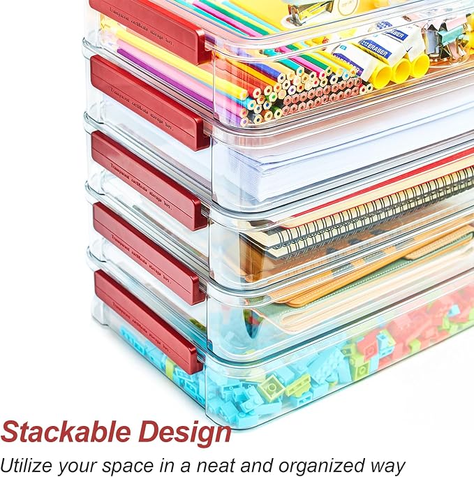 CATOOMUU 2-Pack 9x13 Clear Plastic Project Case Stackable Storage Box | 5.5Qt portable container with lids, file box for letter A4 paper, photos, documents, scrapbook, craft, art, school supplies