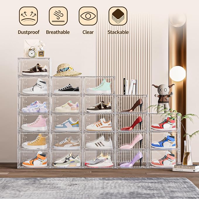 6 Pack Hard Plastic Clear Shoe Storage Organizer Boxes, White | Heavy Load Up to 80lb,Acrylic Magnetic Door,Stackable,Easy to Assemble,Dust-free,for Closet,Entryway,Under Bed,Small Space
