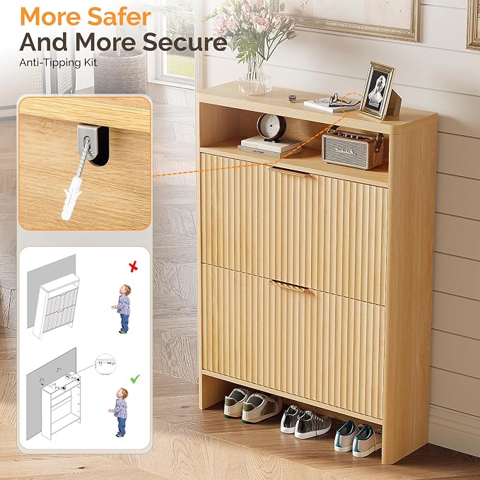 VINGLI Slim Shoe Cabinet with Curved Edges, Modern Hidden Shoe Storage Organizer with 2 Flip Drawers & Open Shelf, Narrow Wood Shoe Cupboard with Fluted Panel & Anti-Tip Kit for Entryway, Oak
