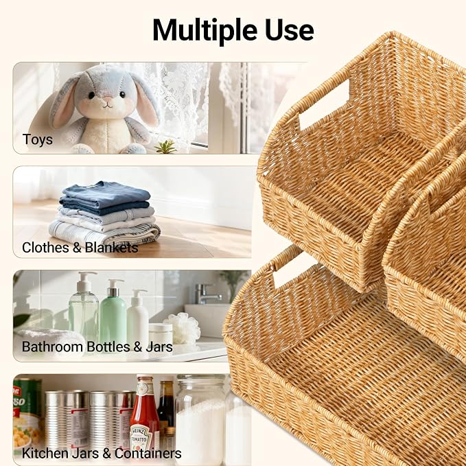 Brownlily Wicker Pantry Storage Baskets with Chalkboard,Handwoven Baskets for Organizing with Built-in Handles, All-Purpose Storage Baskets for Shelves, Laundry Room, Natural - Single Set (3-Piece)