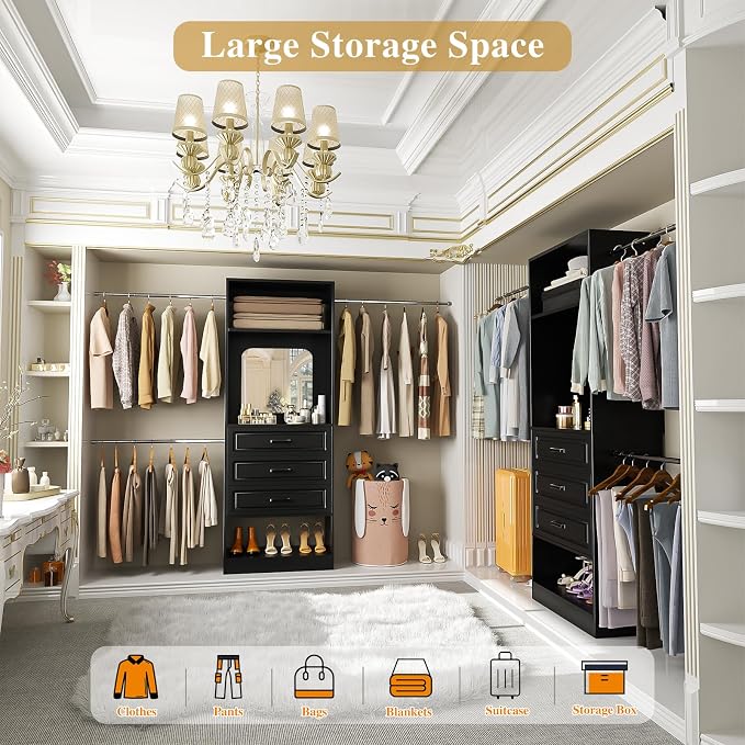 Unikito 8FT Closet System with Mirror, 96 Inch Walk in Closet Organizer Kit with Drawers and 3 Extendable Hanging Rods, Sturdy Wood Clothing Garment Rack with 25” Tower, Max Load 1000 LBS, Black