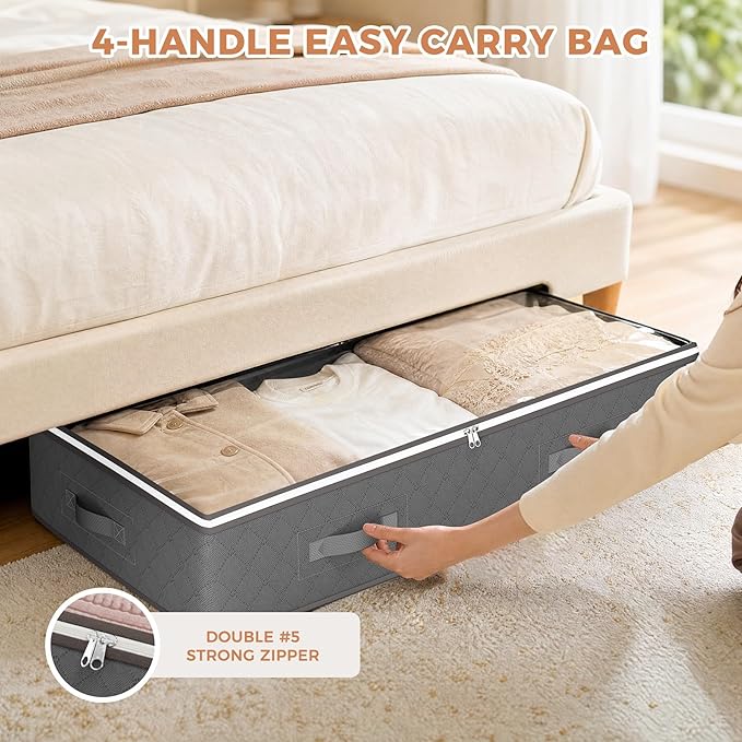 Budding Joy Under Bed Storage Containers, Storage Bins with Clear Lids | 4 Pack foldable organizers for clothes, blankets, shoes, bed sheets, comforter, wrapping paper, dorm storage