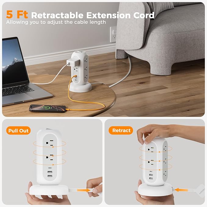 TESSAN Tower Power Strip Flat Plug with 1050J Surge Protection, 5 Ft, Black | 11 Outlets 3 USB (1 USB C), Surge Protector Power Tower, Retractable Extension Cord with Multiple Outlets for Dorm, Office