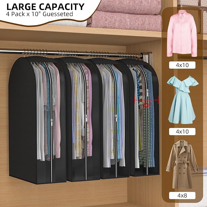 Black Garment Bags for Hanging Clothes 4 Packs, 10“ Gusseted and 50" Clothes Protectors for Hanging Clothes for Closet, Shirts, Coats, Dresses