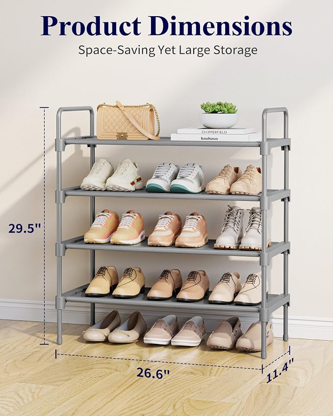 Kitsure Shoe Rack for Closet, Shoe Organizer for Front Door Entrance, Stackable Shoe Shelf, Detachable Closet Organizers and Storage, 26.6" Wide - 4 Tiers, Grey | Closet, Front Door Entrance, Entryway, Stackable & Detachable Shelf, Closet Organizers an...