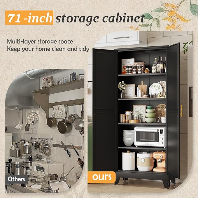 Black Pantry Storage Cabinet,71" Kitchen Pantry with Doors and 4 Adjustable Shelves, Metal Storage Cabinet, for Office, Home, Garage, School
