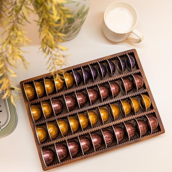 Acacia Wood Coffee Pod Holder Tray Compatible with Nespresso Vertuo, Pods Organizer Drawer Insert, Storage, Stand, Container, Capsule Holder for Coffee Bar Countertop, 40 Big or 60 Small Pods Capacity