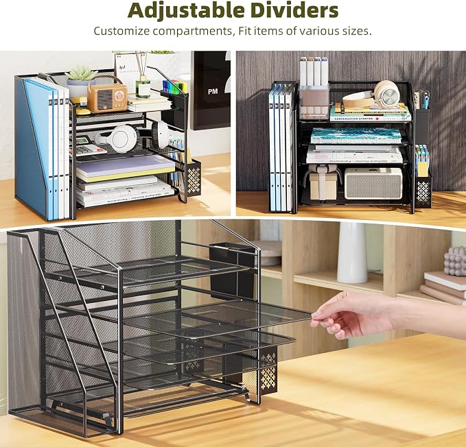 Simple Trending 5-Tier Desk File Organizer with 2 Pen Holders, Black | 17.5"L x 9"W x 13"H, 5 Trays + Side File Holder + 2 Pen Containers, Powder-coated Steel Mesh, Easy Assembly, 24H Support