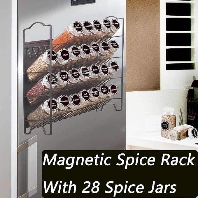 SWOMMOLY 4 Tier Magnetic Spice Rack Organizer with 28 Spice Jars | 396 Spice Labels, Chalk Marker, Funnel Set for Refrigerator, Metal Fridge, Microwave, Cabinet, Countertop,12.9" W x 12.4" H