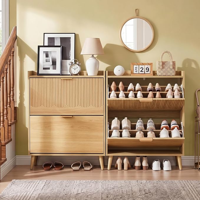 BERRYMERRY 30" Narrow Shoe Storage Cabinet with 2 Flip Drawers and Wave Fluted Design for Hallway Entryway Living Room Foyer (Fluted Natural 2 Drawer)