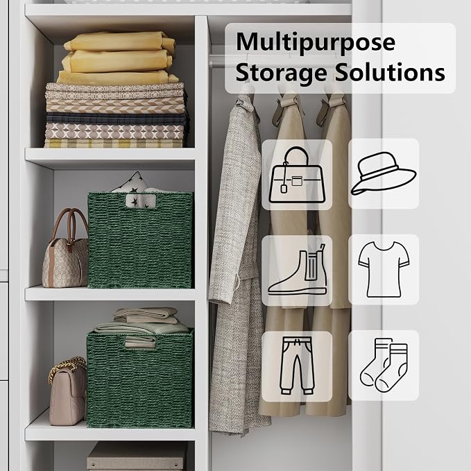 Vagusicc Wicker Storage Basket, Set of 2 Hand-Woven Paper Rope Wicker Basket, Foldable Cube Storage Bins, Square Large Storage Baskets for Organizing Shelves & Decor, Orange (13″×13″×13″)
