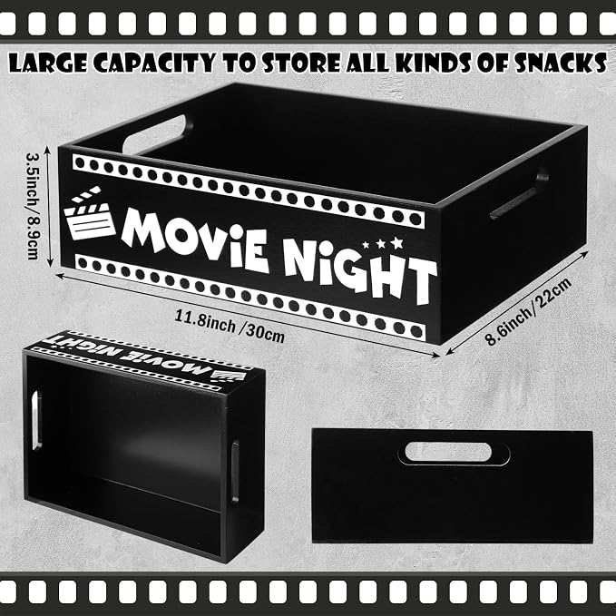 GlikCeil Movie Night Supplies Snack Trays with Handles Reusable Wooden Movie Gift Basket for Theater Popcorn Bucket Bowl Box Container Family Room Decor (Classic Style 1)