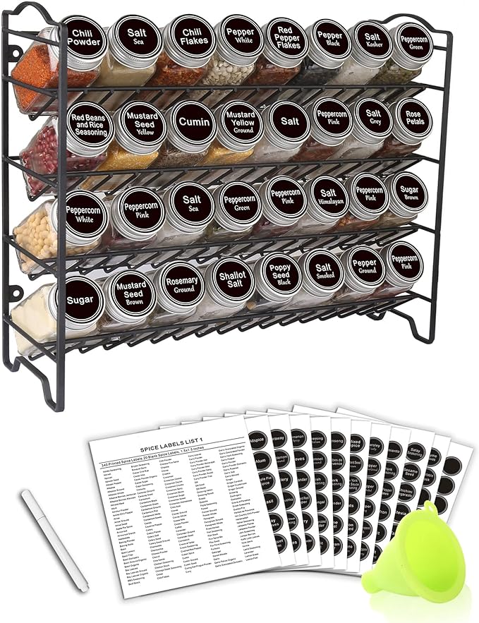 SWOMMOLY Spice Rack Organizer with 32 Glass Spice Jars and 396 Spice Labels | Chalk Marker, Funnel, 32 Pcs 4oz Spice Bottles, 4 Tier Spice Organizer for Cabinet, Countertop, Cupboard or Wall Mount, Black