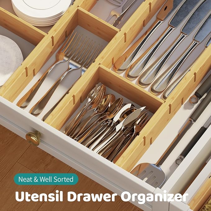 8 Pack Kitchen Drawer Dividers with Inserts, Bamboo Adjustable Drawer Organizers, Expandable Organization for Home, Dressers, 8 Dividers with 16 Inserts