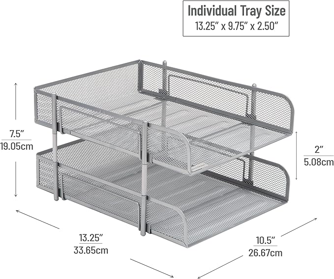 Mind Reader Stackable Paper Tray, Desktop Organizer, File Storage, Office, Metal Mesh, 2 Pc, Silver