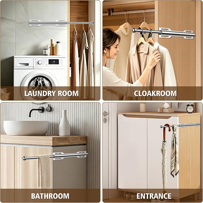 Valet Rod for Closet Pull Out, 12" Adjustable extending closet rod, Standard Retractable closet rod organization rack, Valet Clothing Hanger Rods Extender for Wardrobe Laundry Bathroom (Chrome)