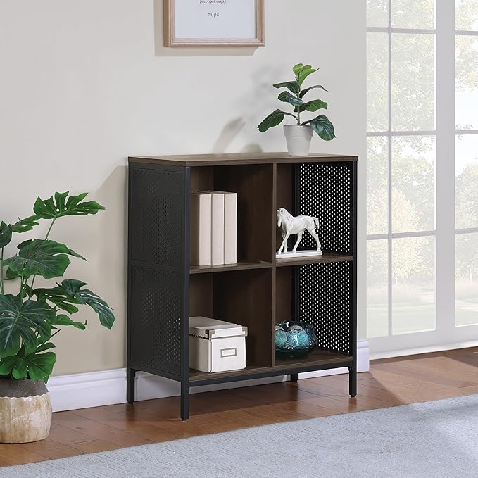 OSP Home Furnishings Ace Contemporary Modern Storage Bookcase with Shelves, 2- Shelves, 4 Cubes, Ozark Ash Finish