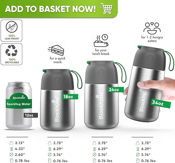 Blockhütte Soup Thermos for Adults - 34 oz Vacuum Stainless Steel Thermal Lunch Box, Leakproof Thermos for Hot Food, Wide Mouth Insulated Food Jar