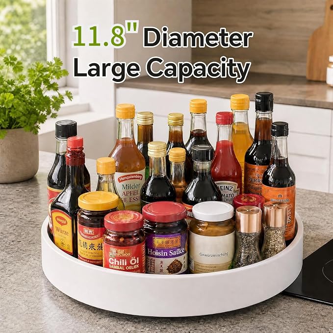 CTIME 11.8 in Lazy Susan Turntable, High Fence, Pantry or Cabinet Organizer for Spices, Condiments, and Bottles, White Plastic