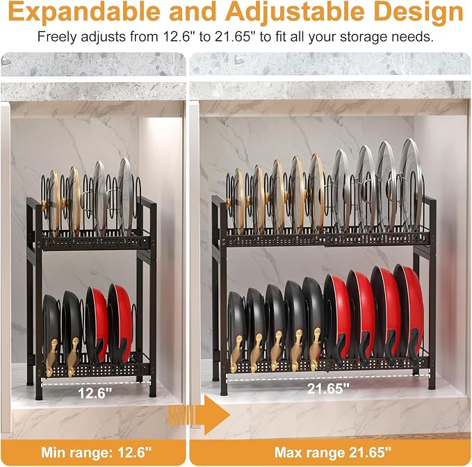 Housolution 2 Tier Expandable Pot and Pan Lid Organizer Holder Rack | 12"-20" Expandable, Adjustable Dividers, 2 DIY Methods for Flexible Storage
