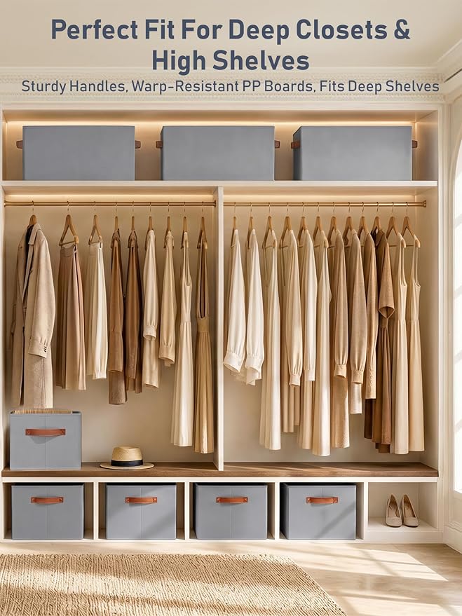 DIMJ Closet Storage Baskets Bins 4 Pack Large, Collapsible Fabric Closet Organizers and Storage with Polyester Handles, Decorative Baskets for Organizing Clothes, Towels, Linen Closet 14"x10"