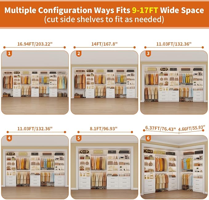 Closet System with 9 Drawers, 9-17FT Custom Closet Organizer System Wood with 9 Hanging Rods & Adjustable Shelves, Walk in Closet Organizer Shelving System, Modular Closet Systems Kits, 3 Sets, White