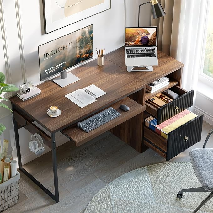 Bestier 55 Inch Wood Computer Desk with File Drawer & Keyboard Tray, Cherry | Fluted Panels, Ring Handles, File Drawer Letter/Legal, Storage Drawer, Keyboard Tray, Reversible, 2 Hooks, 150 Lbs, P2 Board