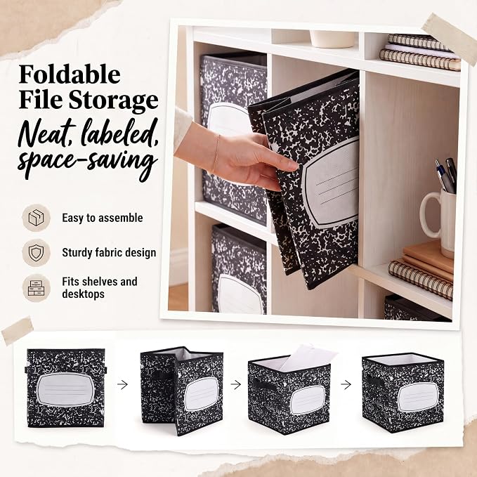 Yookeer 12 Pcs 11 Inch Composition Notebook Fabric Storage Cube Bin with Handle Zebra Print Foldable Classroom Container Cubby Basket for Back to School Decoration Office Home Nursery Organizer