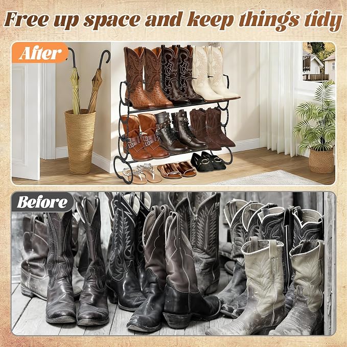Cowboy Boot Rack 6 Pairs Horseshoe Boot Rack Cowboy Boots Storage Organizer Rustic Horseshoe Gifts Farmhouse Decor for Western Style Lovers Entryway Accessories (Two Level)