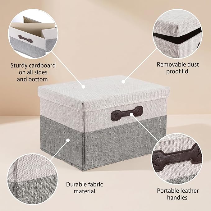 Foldable Storage Bins with Lids 2 Pack Large Storage Baskets with Lids Foldable Fabric Basket for Clothes Towels Books Organizer Home Decor White and Gray 15.7x11.8x9.8 Inch
