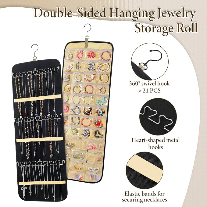 2 Pack Hanging Jewelry Organizer Storage with 43 Pockets and Hooks Dual-Sided Hanging Jewelry Organizers and Storage Hang on Closet, Wall, Door for Earrings, Necklaces, Rings,Blcak