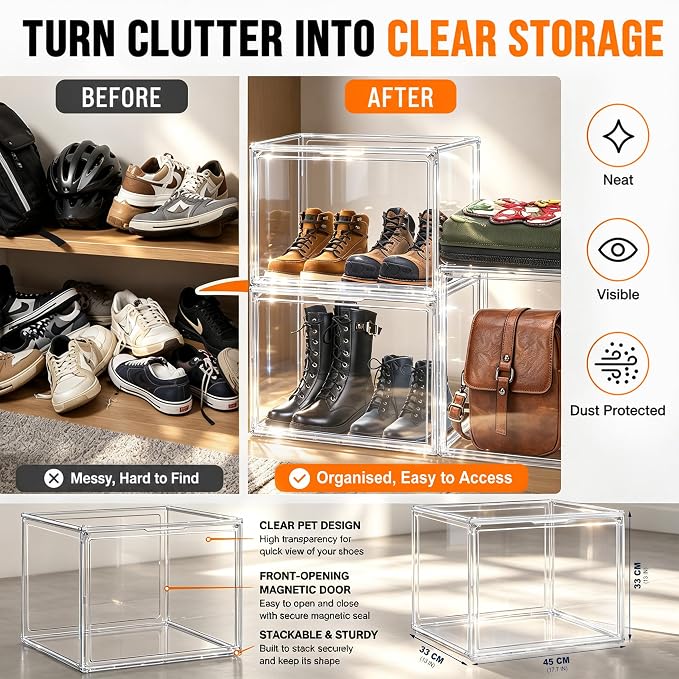XXX-Large Extra Large Acrylic Display Case 17.3'' x 13'' x 13'' Transparent Sneaker Shoe Organizer Clear Plastic Stackable Boot & Shoe Boxes Large Showcase for Helmet, Handbag, Figures Collectibles