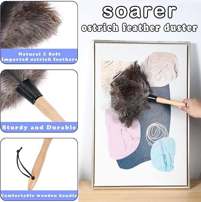 Soarer Ostrich Feather Duster for Cleaning,2pcs Brush,14inch Wooden Handle | Feather Duster for Cleaning Ceiling Fan,Pendant lamp,Blinds,Furniture