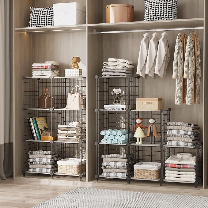 AWTATOS Wire 12 Cube Storage Organizer, Closet Storage Shelves Stackable | Metal Cube Storage Bookshelf, DIY Portable Closet Clothes Organizer, Wire Shelving for Bedroom, Home, Office Black