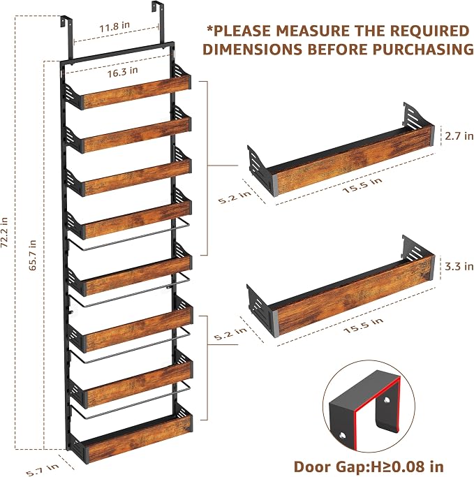 Over The Door Pantry Organizer, 8 Tier Spice Rack with Adjustable Wooden Basket, 2 IN 1 Wall Mount or Hanging Seasoning Organizer, Heavy-Duty Pantry Door Storage Shelf for Kitchen, Laundry Room