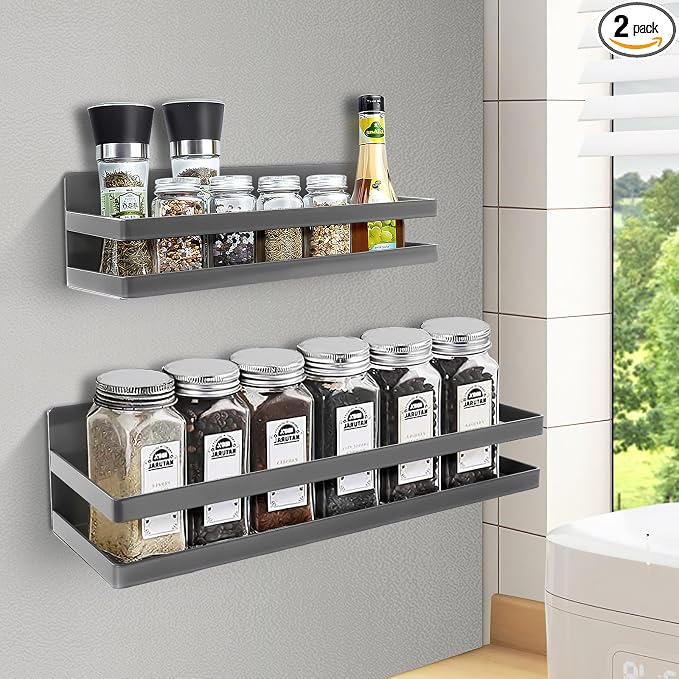 Uten Large Magnetic Spice Rack for Refrigerator 2 Pack, Gray | Heavy Duty Metal Magnetic Shelves, Capacity of up to 23lbs, Muti-Use for Kitchen, Washing Machine, 16"*4.5" and 12"*4"