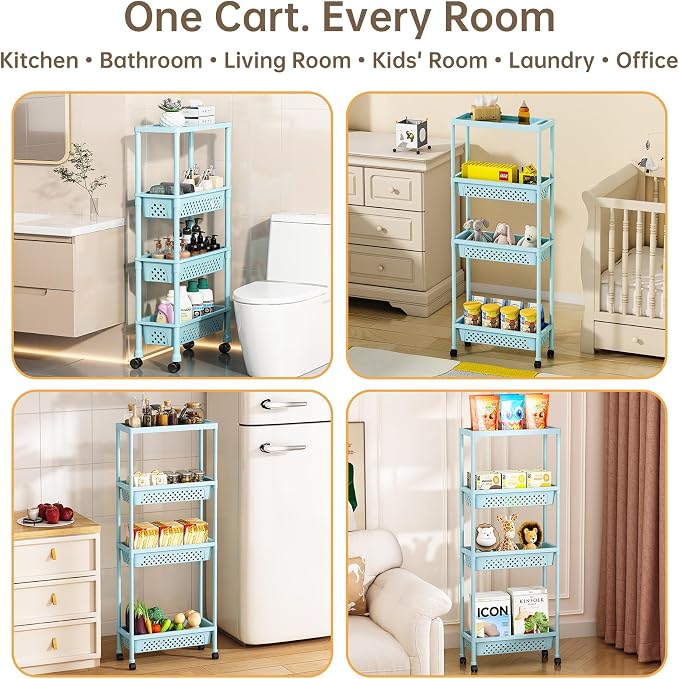 Slim 4 Tier Rolling Storage Cart Narrow Bathroom Organizer on Wheels Blue | 6.7" wide for tight bathroom/kitchen gaps, extra-tall tier, 360° casters, quick-dry shelves, tool-free storage rack